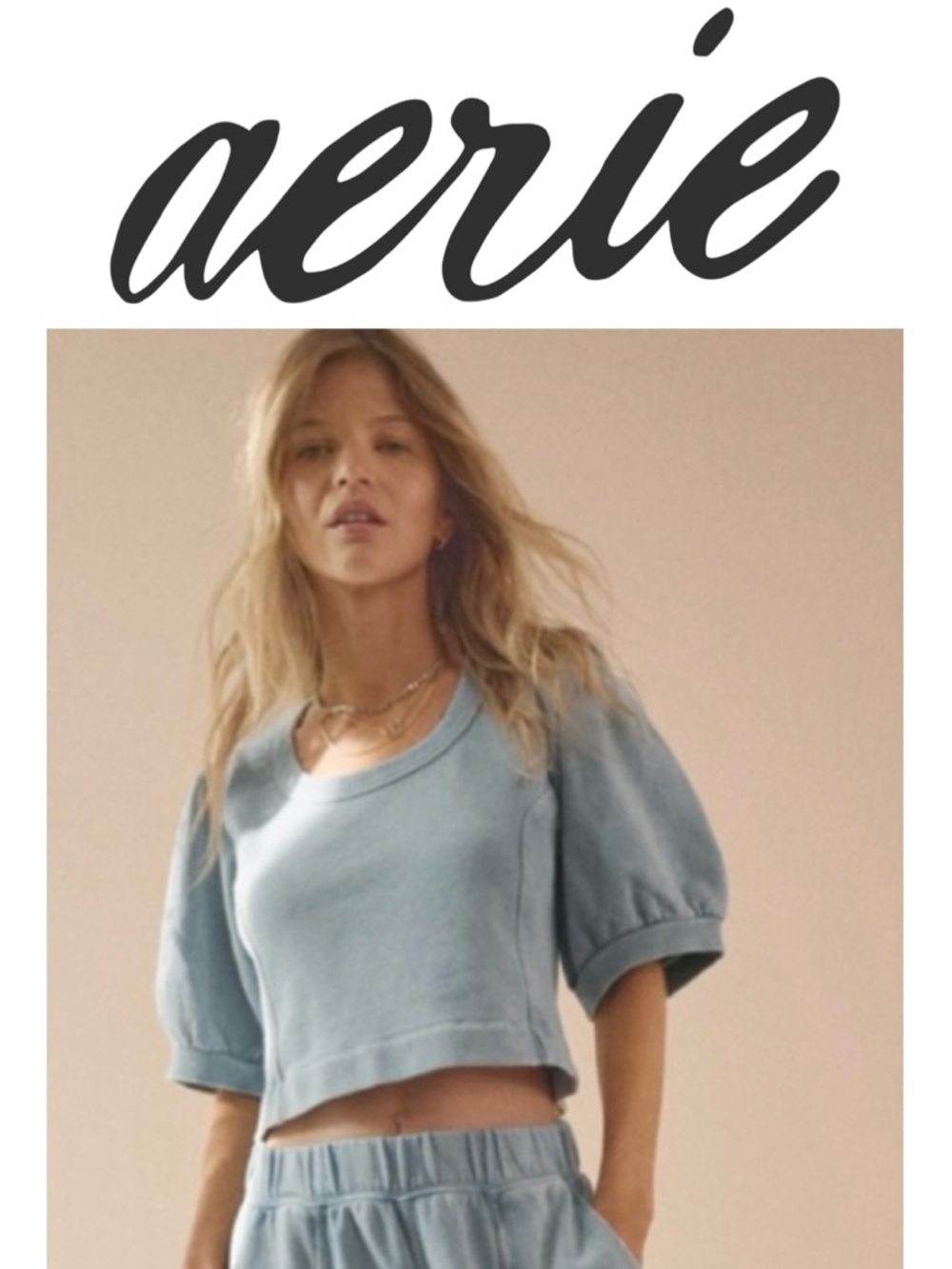 AERIE Seams Right Short Sleeve Sweatshirt Puff Sleeve Crop Blue Cloud Women XS